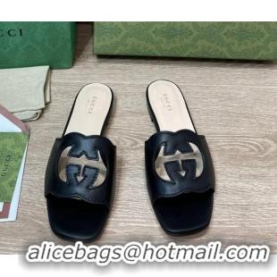 Top Grade Gucci Leather Flat Slide Sandals with Interlocking G Cut-out Black 319061