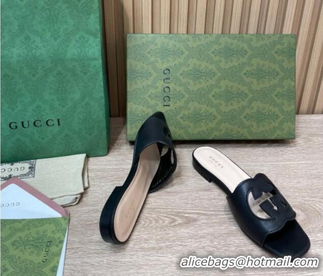 Top Grade Gucci Leather Flat Slide Sandals with Interlocking G Cut-out Black 319061