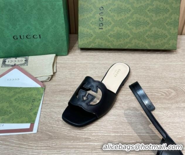 Top Grade Gucci Leather Flat Slide Sandals with Interlocking G Cut-out Black 319061