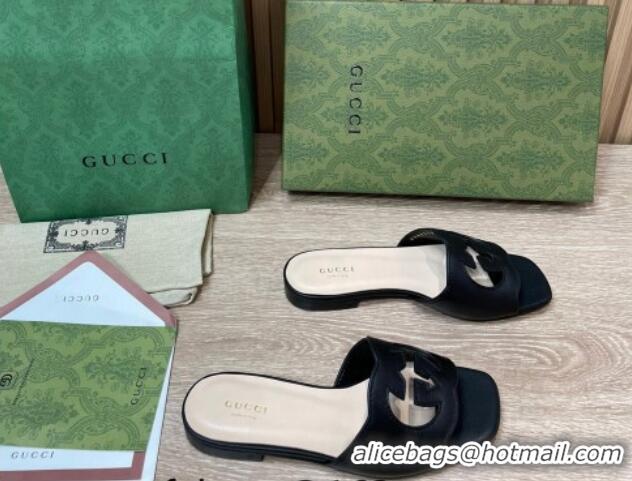 Top Grade Gucci Leather Flat Slide Sandals with Interlocking G Cut-out Black 319061