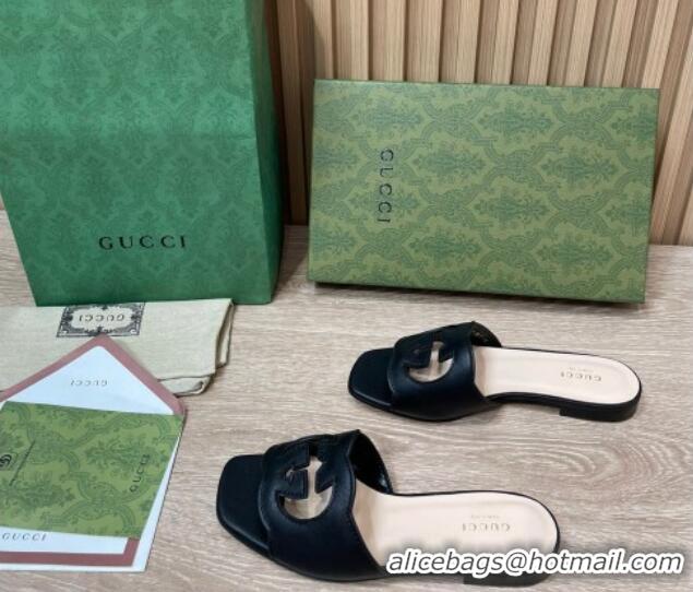 Top Grade Gucci Leather Flat Slide Sandals with Interlocking G Cut-out Black 319061