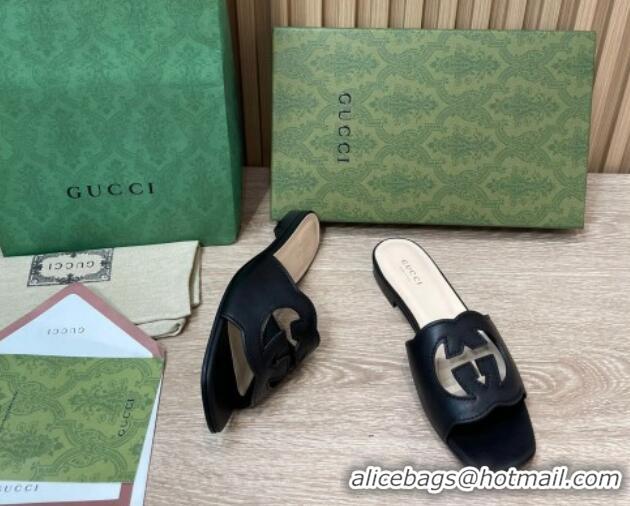 Top Grade Gucci Leather Flat Slide Sandals with Interlocking G Cut-out Black 319061