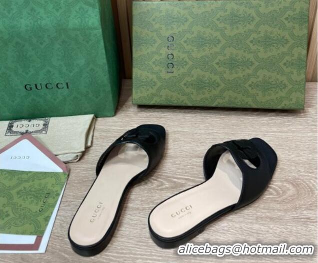 Top Grade Gucci Leather Flat Slide Sandals with Interlocking G Cut-out Black 319061