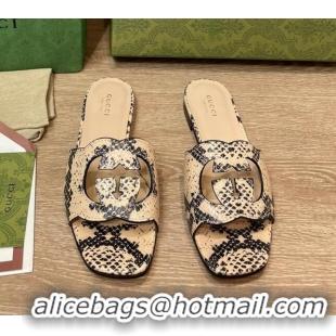 Cheap Price Gucci Snakeskin Printed Leather Flat Slide Sandals with Interlocking G Cut-out 319062