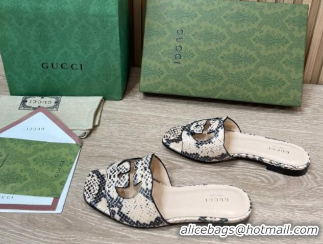 Cheap Price Gucci Snakeskin Printed Leather Flat Slide Sandals with Interlocking G Cut-out 319062