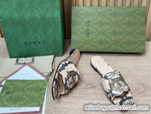 Cheap Price Gucci Snakeskin Printed Leather Flat Slide Sandals with Interlocking G Cut-out 319062