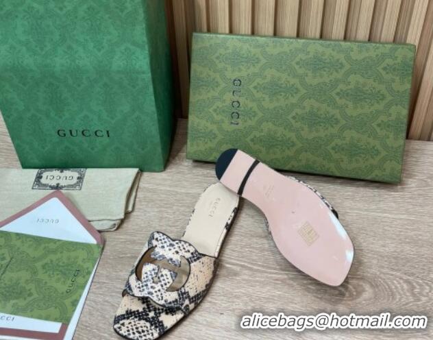 Cheap Price Gucci Snakeskin Printed Leather Flat Slide Sandals with Interlocking G Cut-out 319062