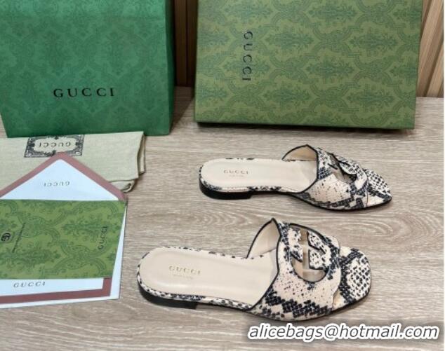 Cheap Price Gucci Snakeskin Printed Leather Flat Slide Sandals with Interlocking G Cut-out 319062