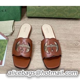 Perfect Gucci Leather Flat Slide Sandals with Interlocking G Cut-out Brown 319063