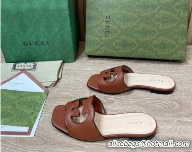 Perfect Gucci Leather Flat Slide Sandals with Interlocking G Cut-out Brown 319063