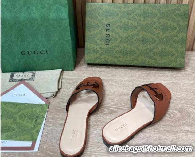 Perfect Gucci Leather Flat Slide Sandals with Interlocking G Cut-out Brown 319063