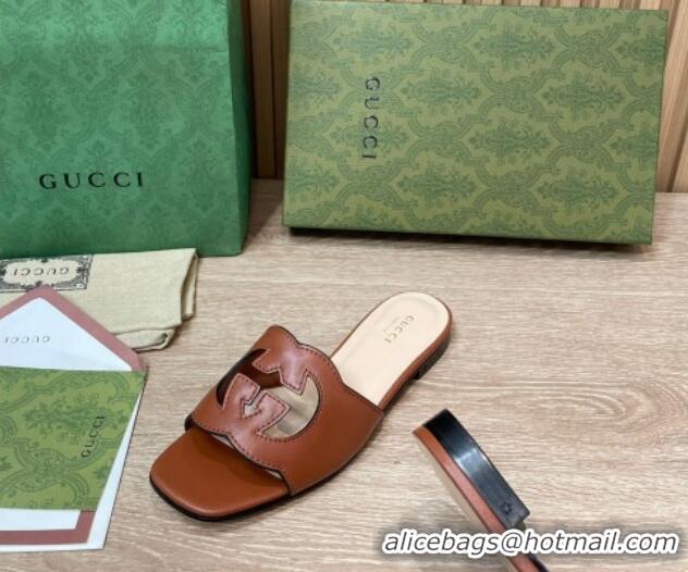 Perfect Gucci Leather Flat Slide Sandals with Interlocking G Cut-out Brown 319063