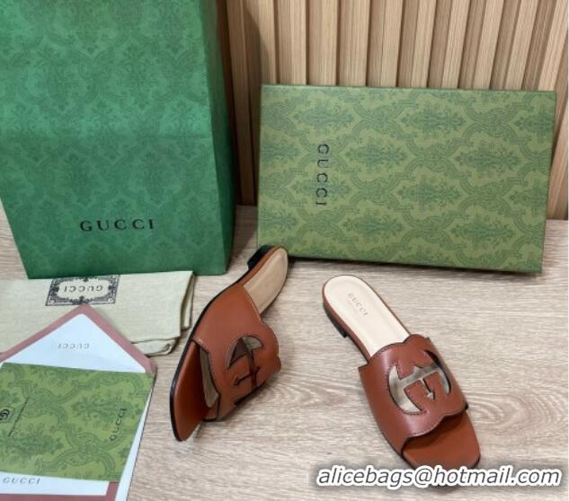 Perfect Gucci Leather Flat Slide Sandals with Interlocking G Cut-out Brown 319063