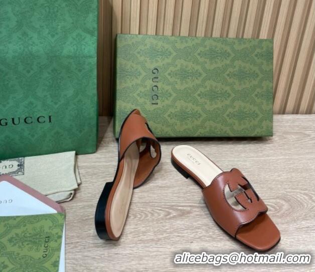 Perfect Gucci Leather Flat Slide Sandals with Interlocking G Cut-out Brown 319063