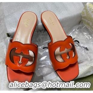 Purchase Gucci Leather Flat Slide Sandals with Interlocking G Cut-out Orange 319064