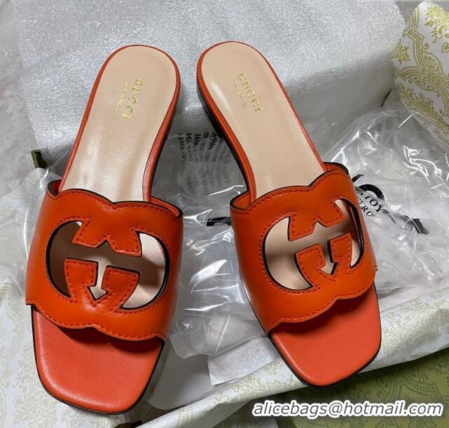 Purchase Gucci Leather Flat Slide Sandals with Interlocking G Cut-out Orange 319064