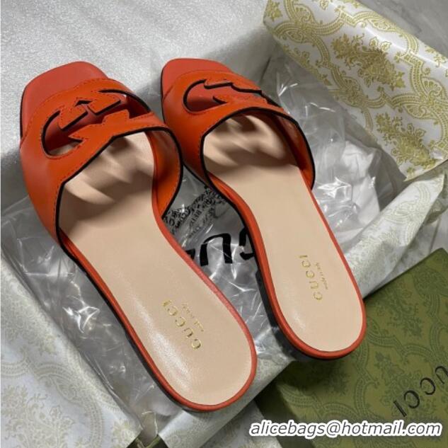 Purchase Gucci Leather Flat Slide Sandals with Interlocking G Cut-out Orange 319064