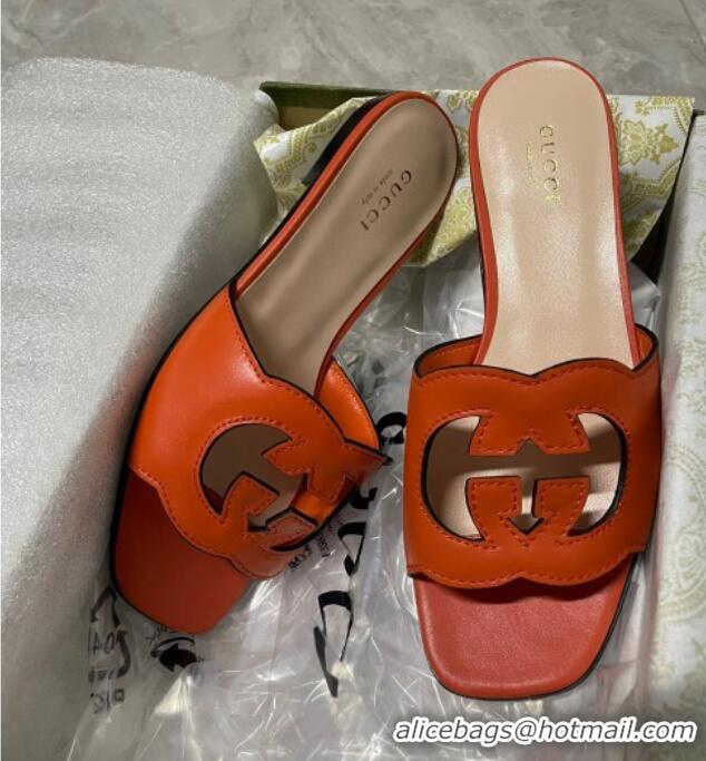 Purchase Gucci Leather Flat Slide Sandals with Interlocking G Cut-out Orange 319064