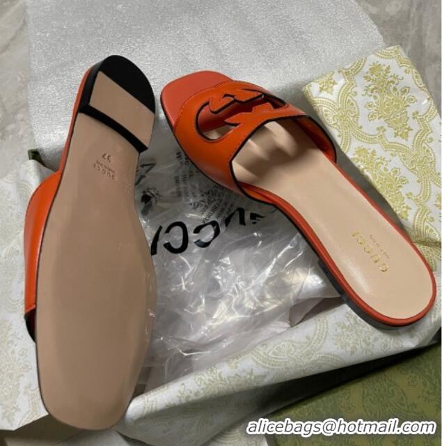 Purchase Gucci Leather Flat Slide Sandals with Interlocking G Cut-out Orange 319064