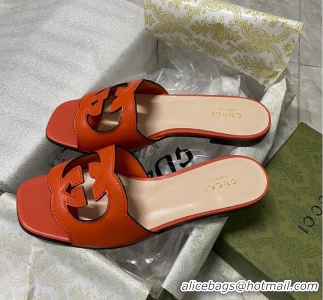 Purchase Gucci Leather Flat Slide Sandals with Interlocking G Cut-out Orange 319064