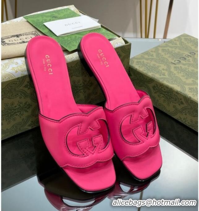 Classic Hot Gucci Leather Flat Slide Sandals with Interlocking G Cut-out Pink 319065