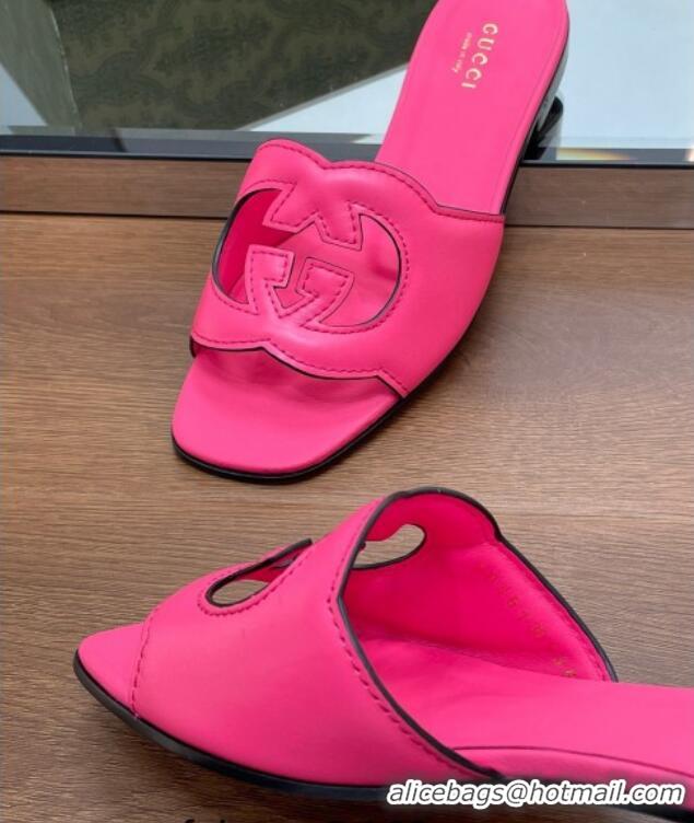 Classic Hot Gucci Leather Flat Slide Sandals with Interlocking G Cut-out Pink 319065