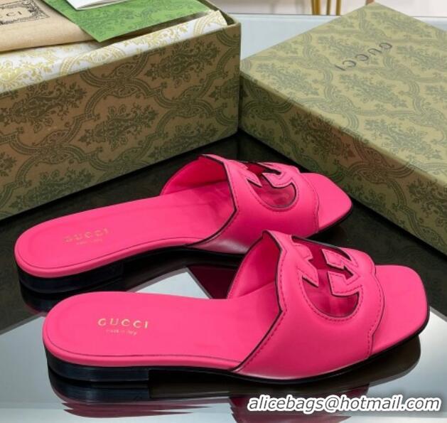 Classic Hot Gucci Leather Flat Slide Sandals with Interlocking G Cut-out Pink 319065