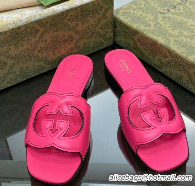 Classic Hot Gucci Leather Flat Slide Sandals with Interlocking G Cut-out Pink 319065