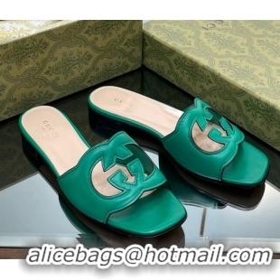 Charming Gucci Leather Flat Slide Sandals with Interlocking G Cut-out Green 319066