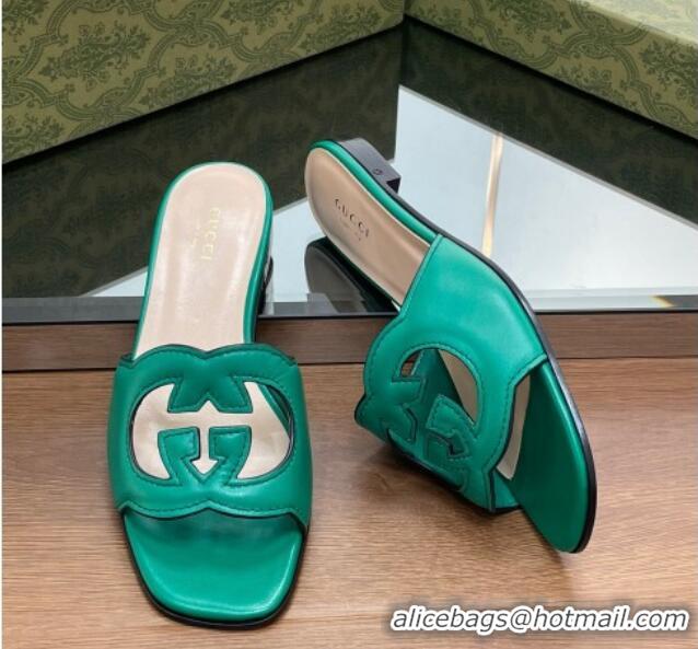 Charming Gucci Leather Flat Slide Sandals with Interlocking G Cut-out Green 319066