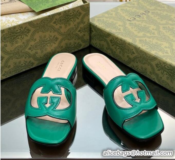 Charming Gucci Leather Flat Slide Sandals with Interlocking G Cut-out Green 319066