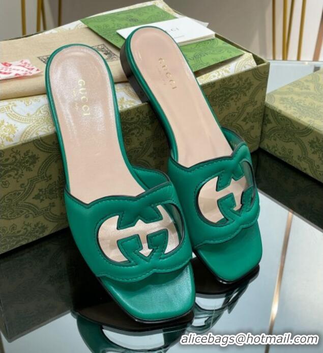 Charming Gucci Leather Flat Slide Sandals with Interlocking G Cut-out Green 319066