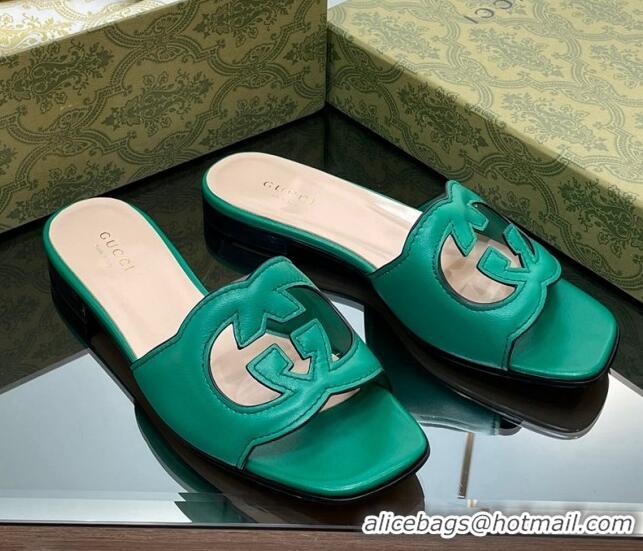 Charming Gucci Leather Flat Slide Sandals with Interlocking G Cut-out Green 319066