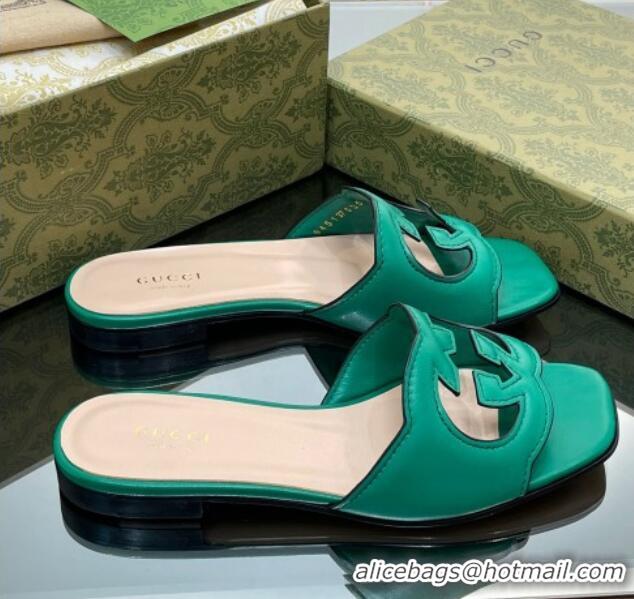 Charming Gucci Leather Flat Slide Sandals with Interlocking G Cut-out Green 319066