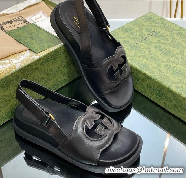 Durable Gucci Leather Interlocking G Sandals Black 320002