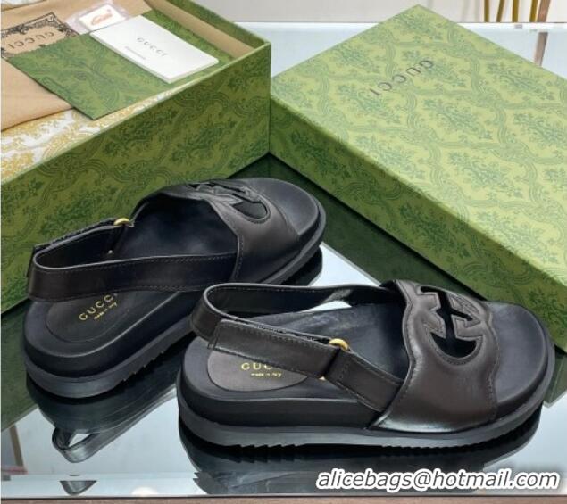 Durable Gucci Leather Interlocking G Sandals Black 320002