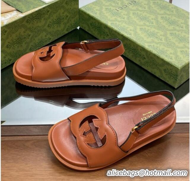 Shop Cheap Gucci Leather Interlocking G Sandals Brown 320003