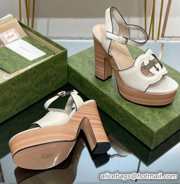 Grade Quality Gucci Leather Interlocking G Platform Sandals 12cm White 320005