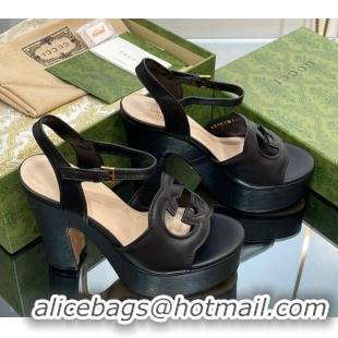 Top Design Gucci Leather Interlocking G Platform Sandals 12cm Black 320006