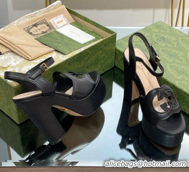 Top Design Gucci Leather Interlocking G Platform Sandals 12cm Black 320006