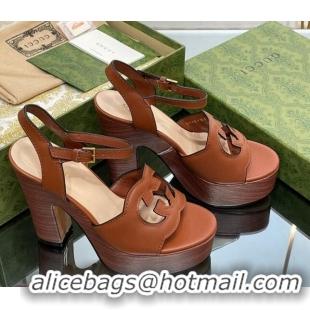 Good Product Gucci Leather Interlocking G Platform Sandals 12cm Brown 320009