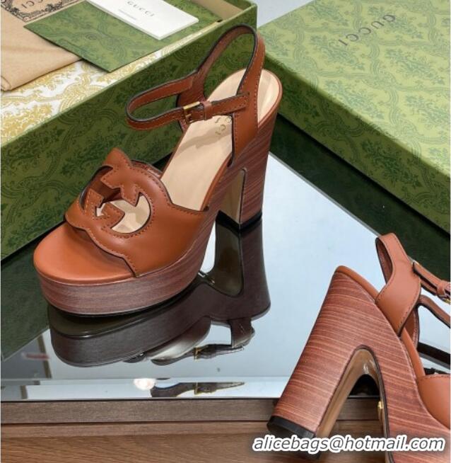 Good Product Gucci Leather Interlocking G Platform Sandals 12cm Brown 320009