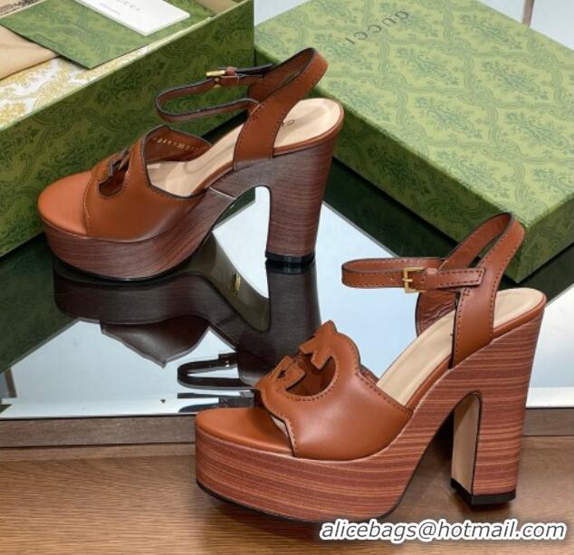 Good Product Gucci Leather Interlocking G Platform Sandals 12cm Brown 320009