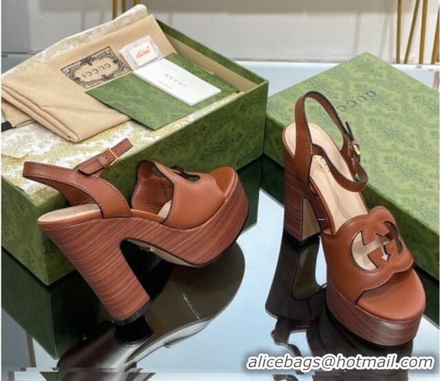 Good Product Gucci Leather Interlocking G Platform Sandals 12cm Brown 320009