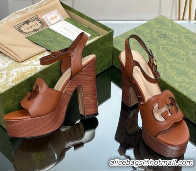 Good Product Gucci Leather Interlocking G Platform Sandals 12cm Brown 320009