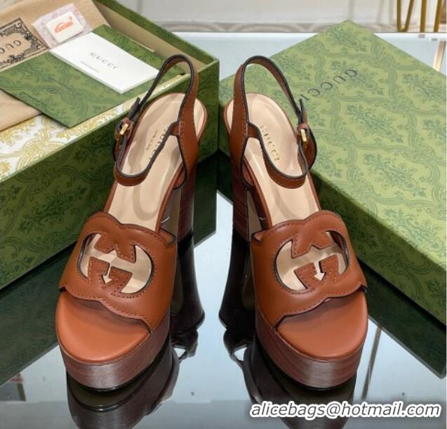 Good Product Gucci Leather Interlocking G Platform Sandals 12cm Brown 320009