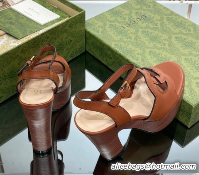 Good Product Gucci Leather Interlocking G Platform Sandals 12cm Brown 320009