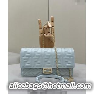 Top Quality Fendi Wallet On Chain Baguette Mini Bag in FF Nappa Leather 8638 Light Blue 2024