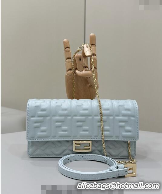 Top Quality Fendi Wallet On Chain Baguette Mini Bag in FF Nappa Leather 8638 Light Blue 2024