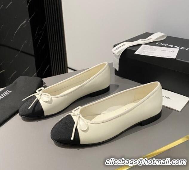 Good Quality Chanel Calfskin & Grosgrain Classic Ballet Flat White/Black 322054